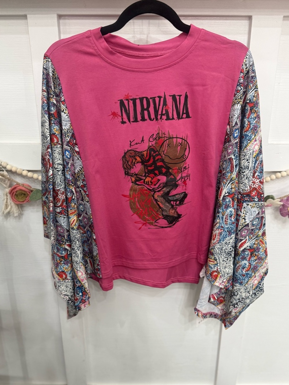 NIRVANA Hot Pink Graphic Long Sleeve Tee with Paisley Sleeves